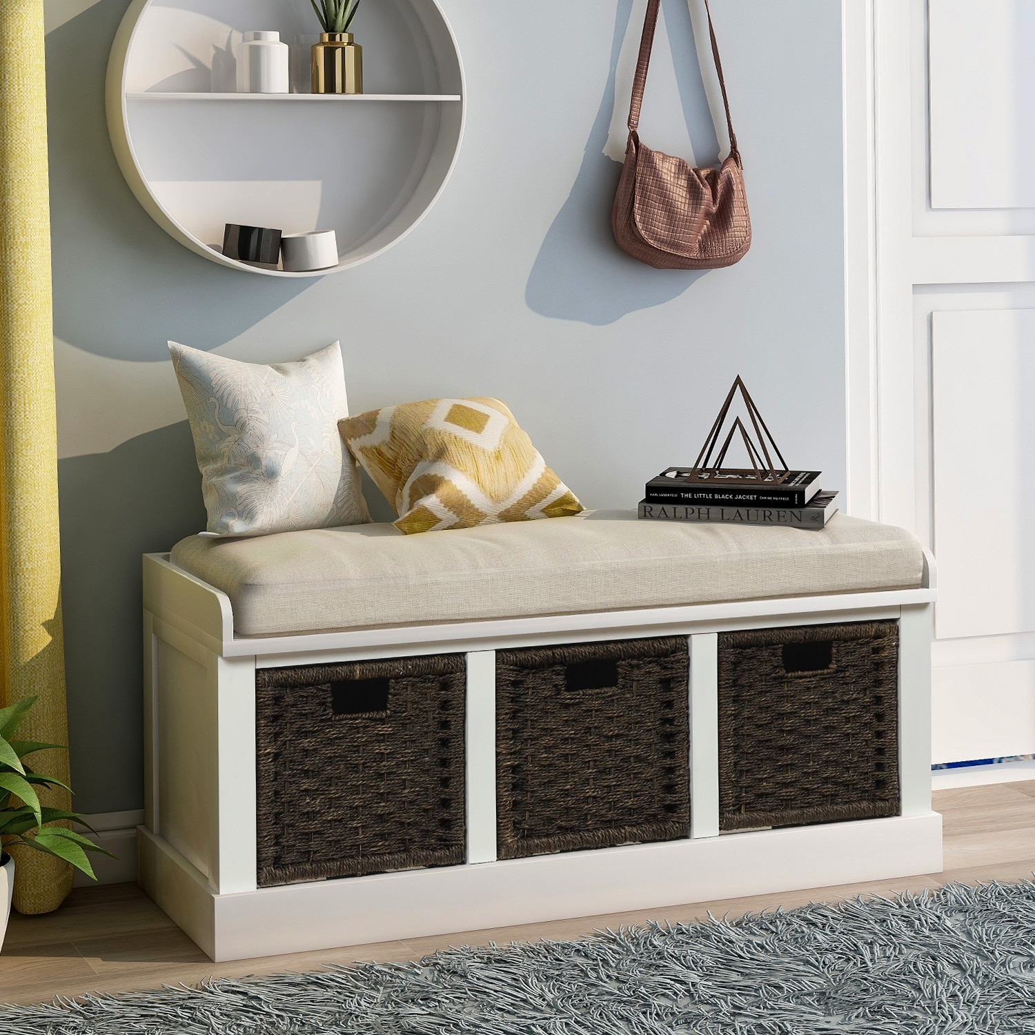 White Entryway Bench Storage With Basket And Removable Cushion