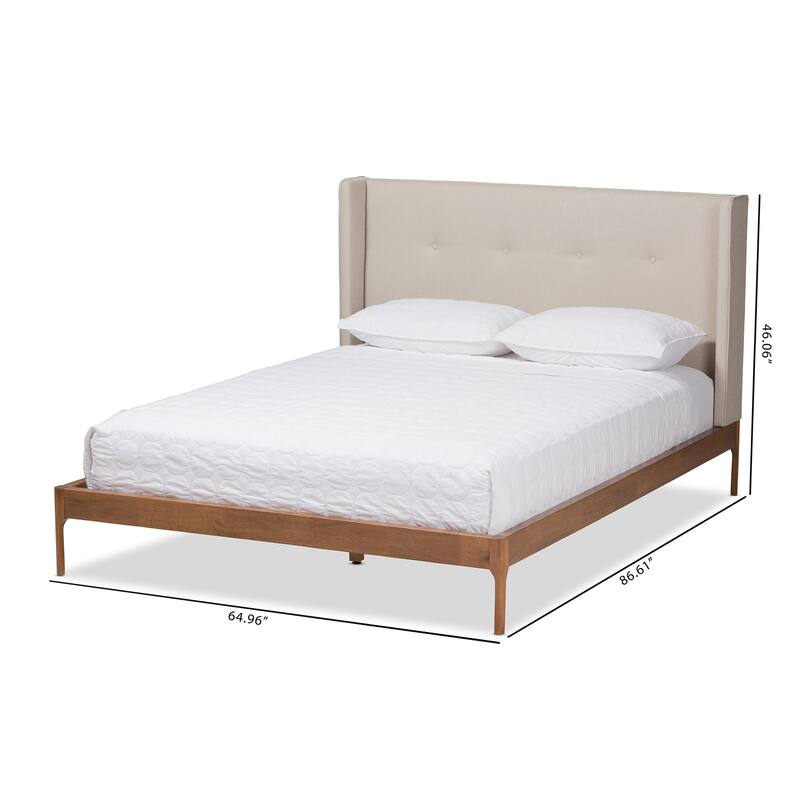 King Size Platform Bed Walnut Wood & Beige Fabric Headboard, Modern Bedroom Furniture