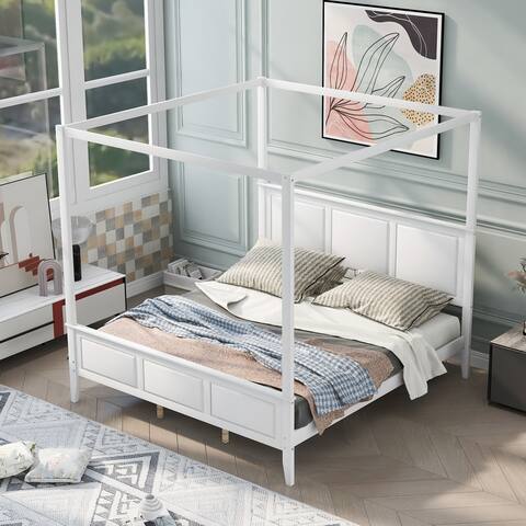 Wooden Frame King Size Canopy Platform Bed with Headboard