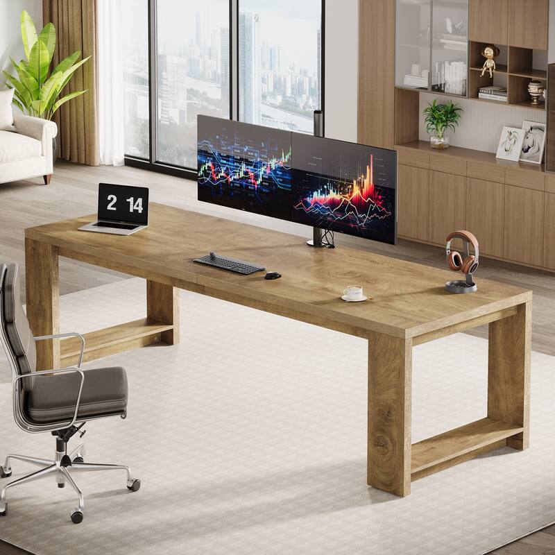 2 Person Desk, 86'' Extra Long Desk, Double Computer Desk Workstation - Natural Oak