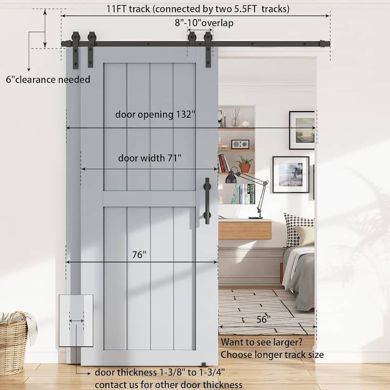 4-12FT Single Track Bypass Sliding Barn Door Hardware Kit for Double Doors J Style Rollers