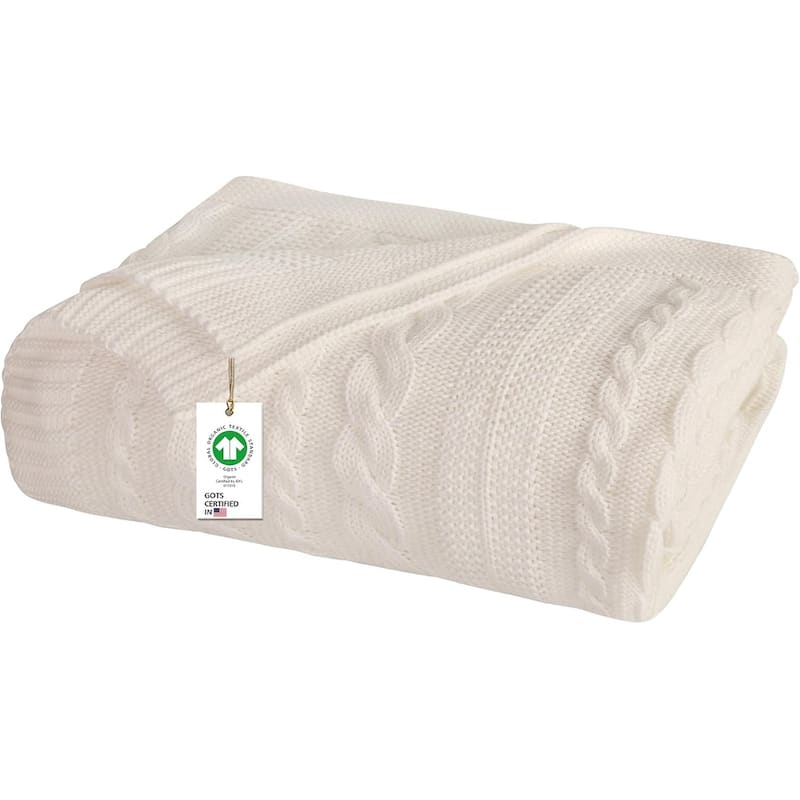 Delara Organic Cotton Throw Blanket 50x70 inches, GOTS Certified Cable Knitted Throws Blanket for Sofa Couch Bed, Baby Nursery - Ivory