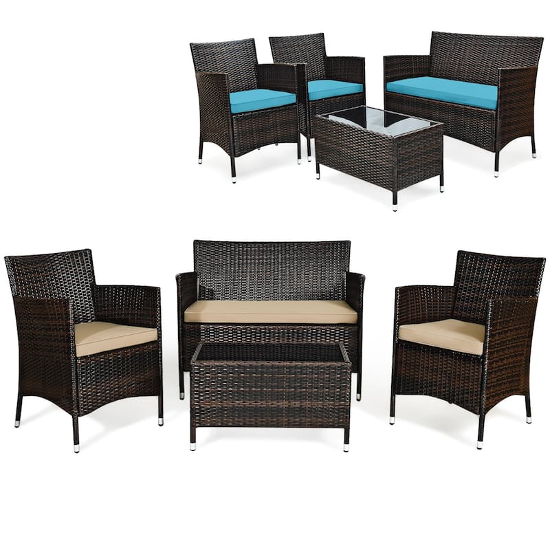 Rattan Patio Conversation Furniture Set with Glass Table and Comfortable Sofa - 4 Pcs