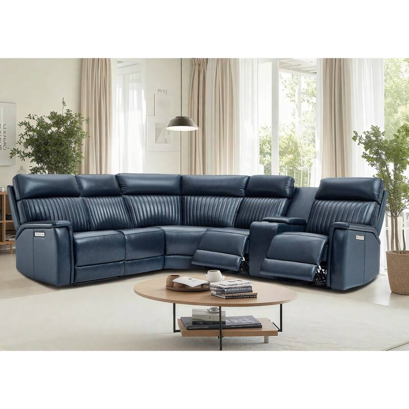 6PCS, 3 power Recliners, Leather Reclining Sectional with Power headrest & lumbar, USB & USB-C Ports - Blue