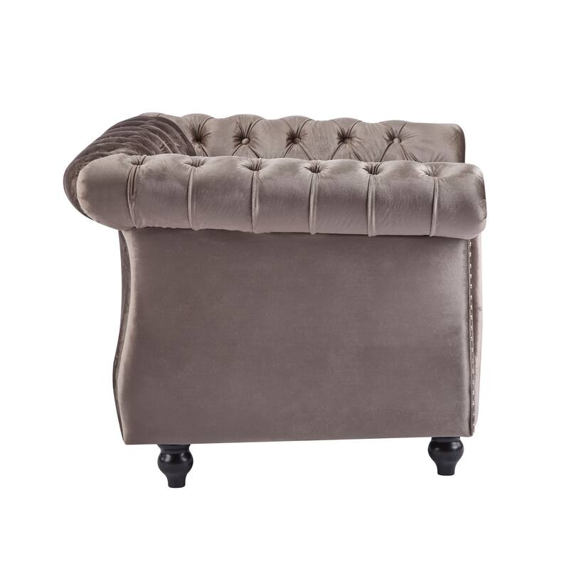 Roomfitters Tufted Club Chair with Deep Button Upholstery, Rolled Arm Design and Metal Stud Trim, Light Brown