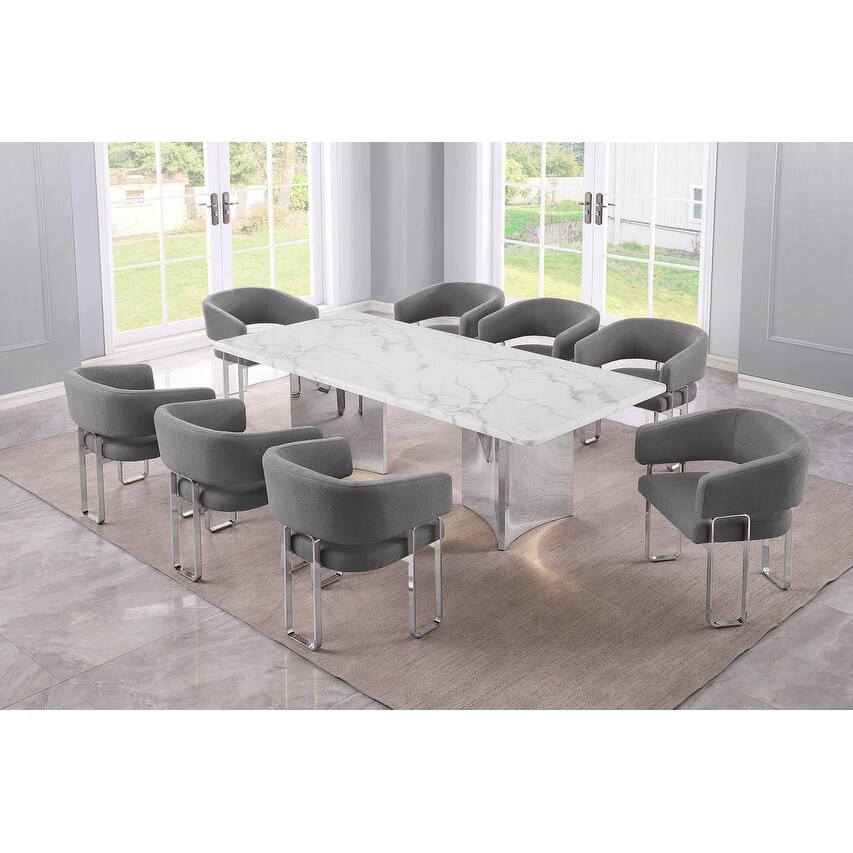 Best Quality Furniture 9pc Marble Dining Set Teddy & Leather Aire Fabric