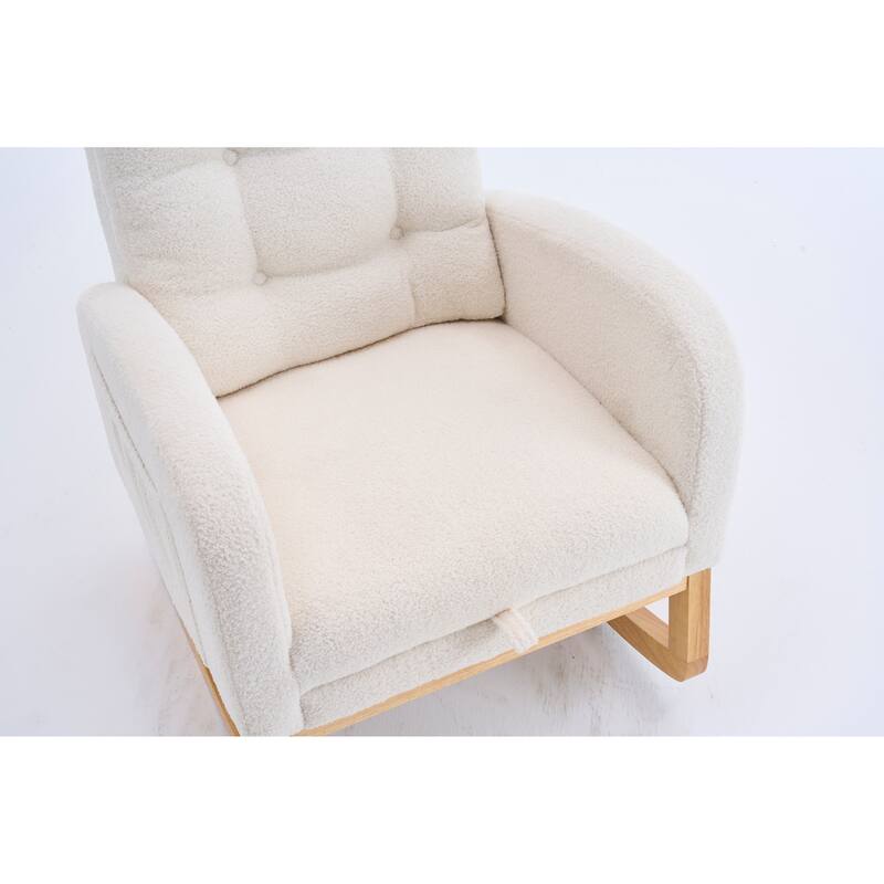 Rocking Chair with Footrest, Cream White High-Back Rocker, Rubber Wood Lounge Chair, 38.36"W x 26.77"D x 39.76"H