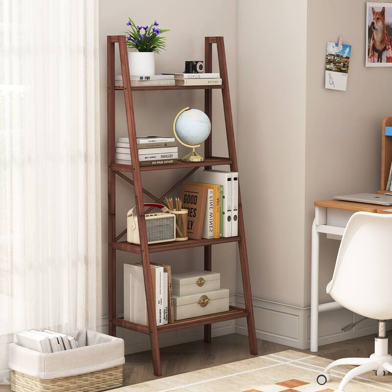 Gymax 2 PCS 4-Tier Bamboo Ladder Bookshelf 58'' Display Shelf Storage
