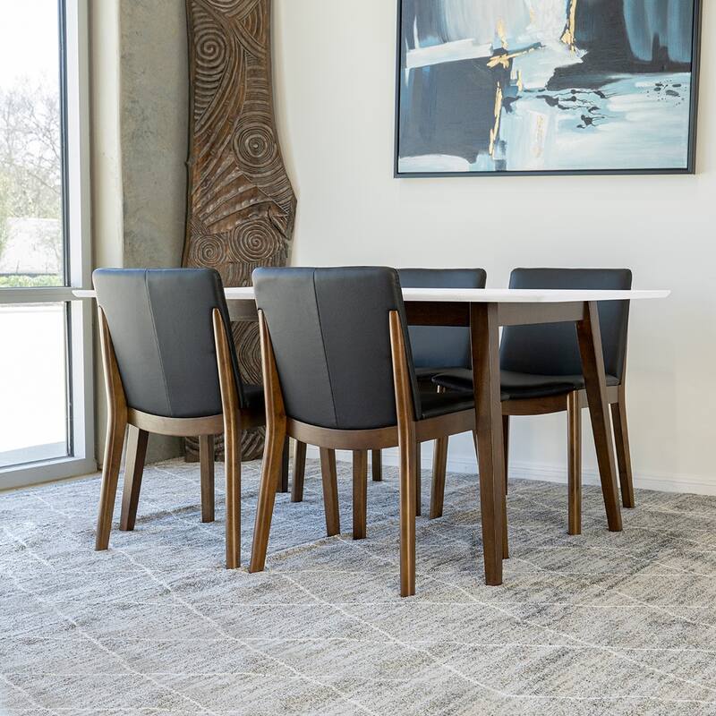 Douglas Modern Solid Wood Walnut 5 Piece Furniture Set 4 Vegan Leather Dining Chairs