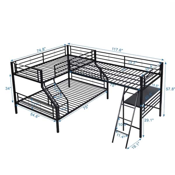 Metal Black Twin over Full Bunk Bed with a Twin Size Loft Bed Attached ...
