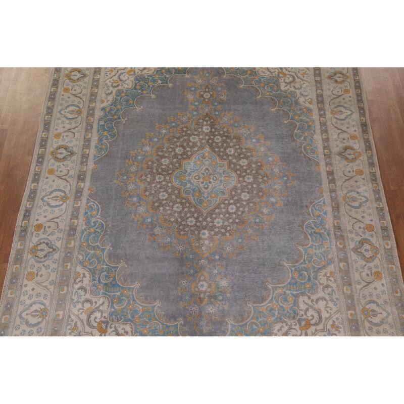 Hand Knotted Oriental 100% Wool Carpet Traditional Medallion Greys & Charcoal Tabriz Area Rug - 12' 8'' X 9' 6''