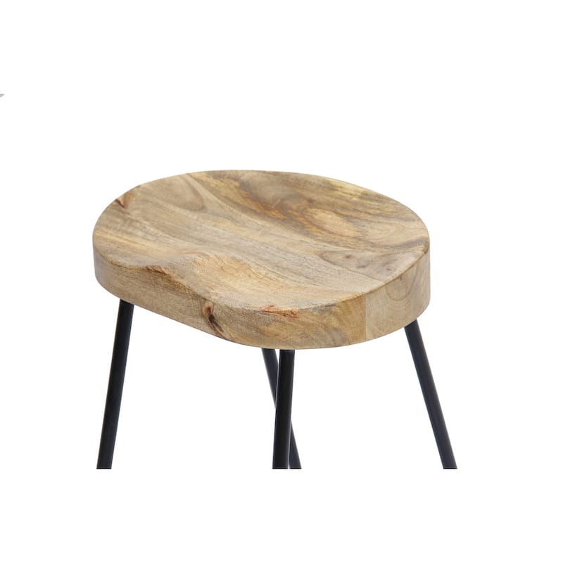 Ela 30 Inch Mango Wood Bar Stool, Saddle Seat, Iron Frame, Brown and Black