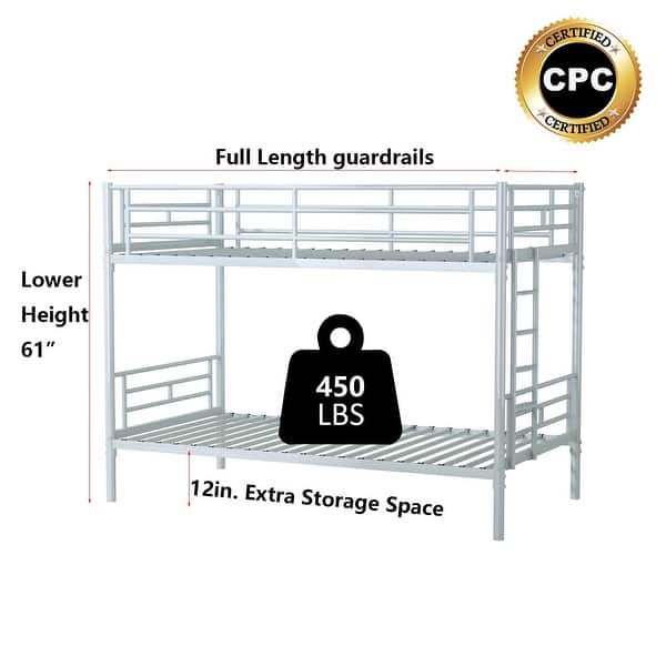 dimension image slide 2 of 3, Metal Twin over Twin Bunk Bed with Removable Ladder, Full-Length Guardrails