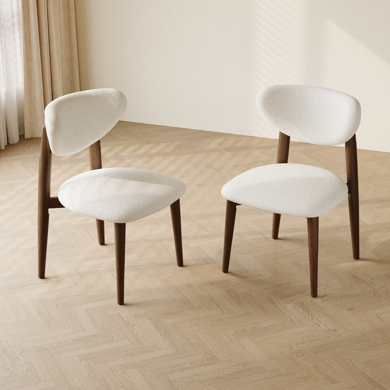 Set of 2 Beige Bouclé Dining Chairs, Solid Wood Legs, No Assembly Required