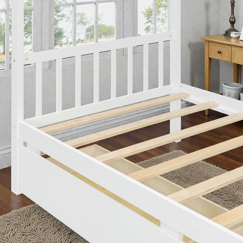 Twin/Full Size Wooden House Bed with Roof and 2 Drawers, Kids Platform Bed with Storage, Solid Pine Frame