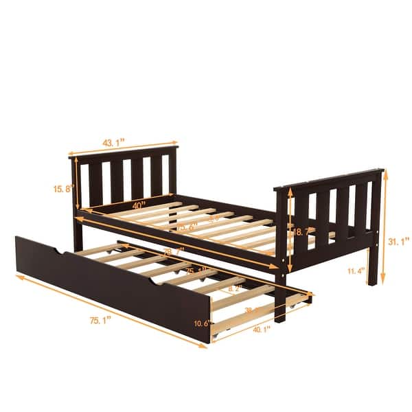 dimension image slide 0 of 3, Twin Bed Frame Wood Platform Bed with Pull Out Trundle and Headboard and Footboard