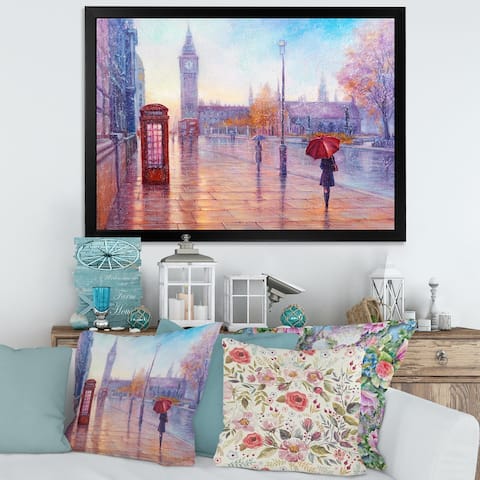 Designart "Big Ben and Woman With Red Umbrella In London" French Country Framed Art Print
