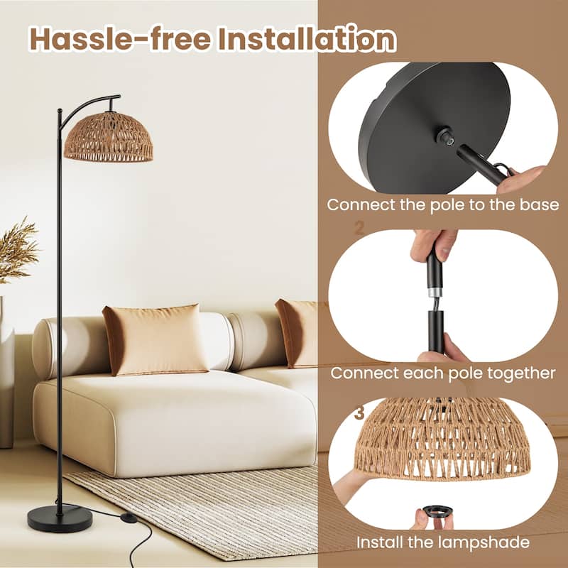Modern Arc Floor Lamp with E26 Socket and Paper Rope Shade Adjustable Lighting for Living Room - 10"Dia × 63"H