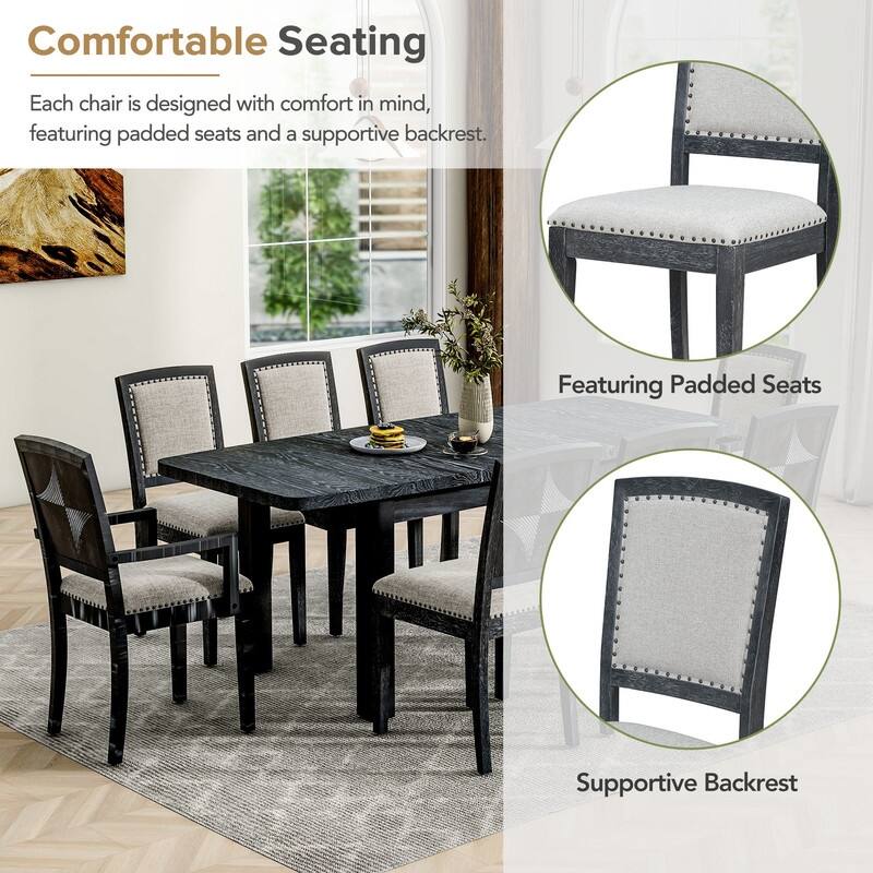 9 Pieces Extendable Dining Table Set with 24inch Removable Leaf , 6 Upholstered Armless Dining Chairs and 2 Padded Arm Chairs