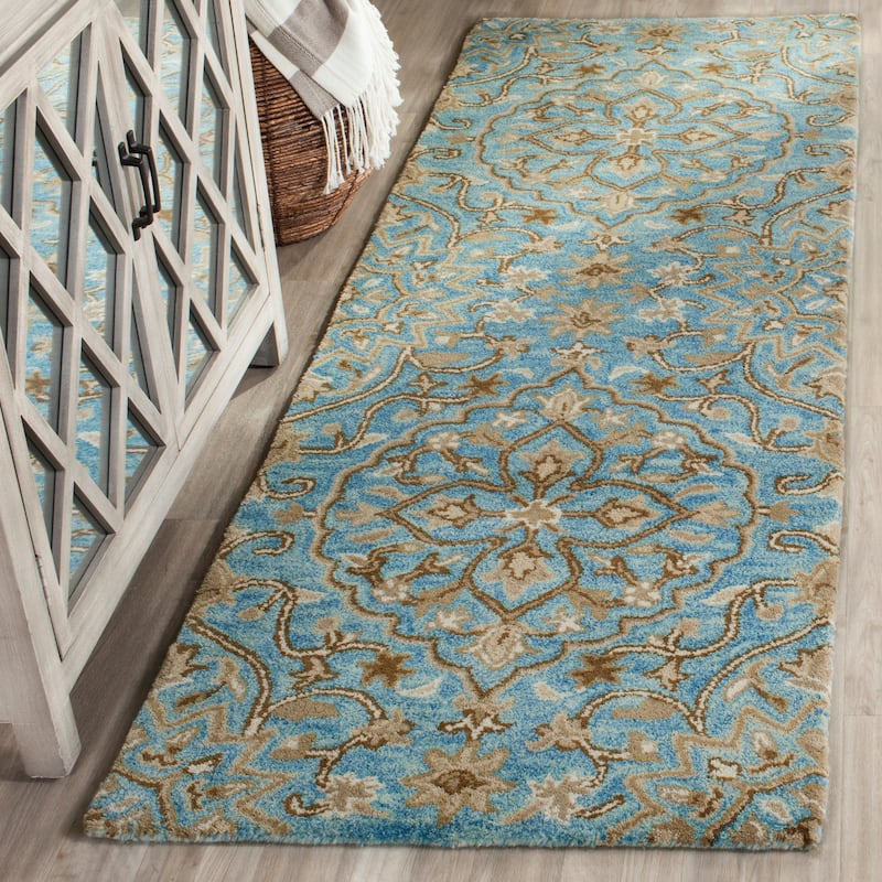 SAFAVIEH Handmade Bella Zaharinka Modern Floral Wool Rug - 2'3" x 7' Runner - Blue/Taupe