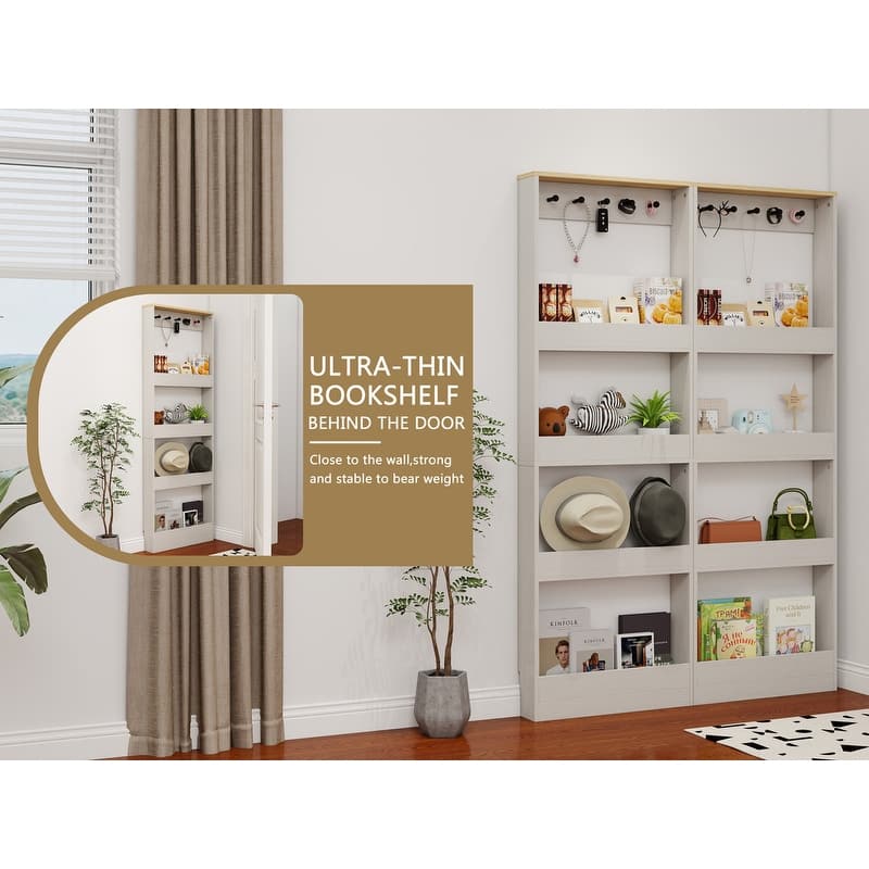 Behind The Door 69" Tall Narrow Bookcase, Space-Saving Storage Cabinet with 4 Shelves & 5 Hooks for Any Room
