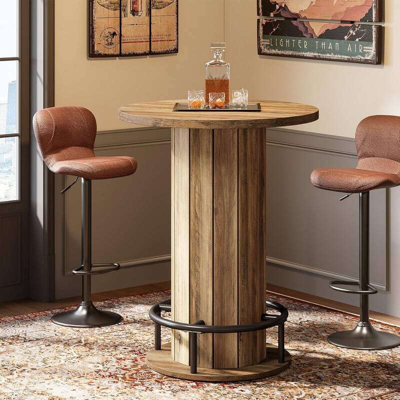 39.4 Inches Wood Round Bar Table, Bistro Pub Table with Metal Ring Footrest - Brown