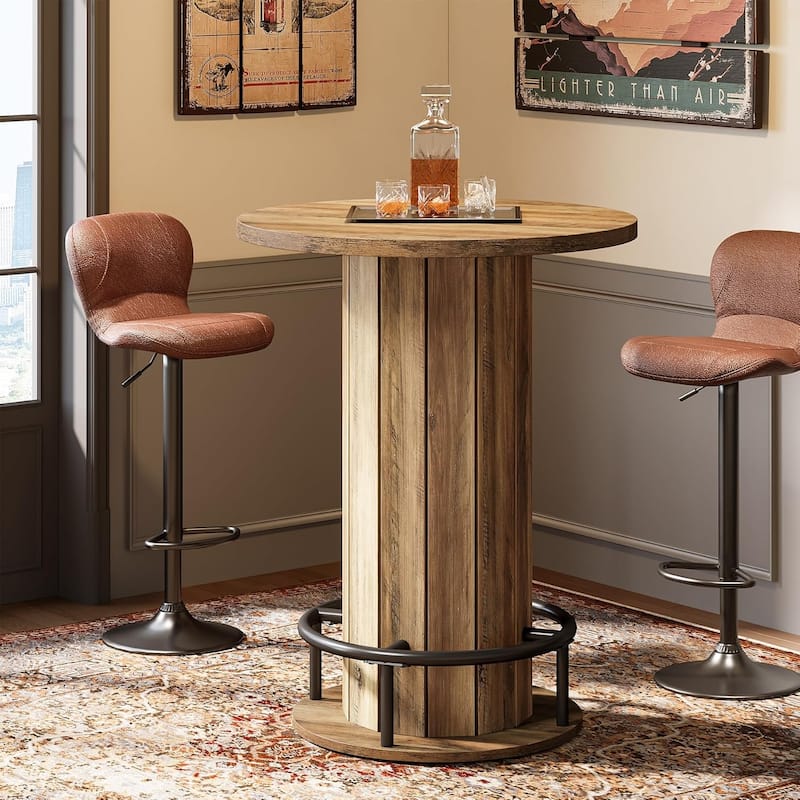 Round Bar Table, Wood Bistro Pub Table with Metal Ring Footrest