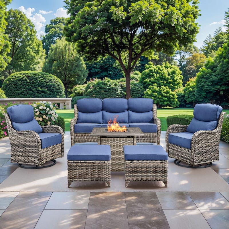 Pocassy 6 Pieces Outdoor 6" Sofa Swivel Chair Ottoman with Fire Pit Table - Gray Wicker - Blue cushion