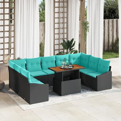 vidaXL 10 Piece Garden Sofa Set with Cushions Black Poly Rattan - 113.8×70.3×27.2
