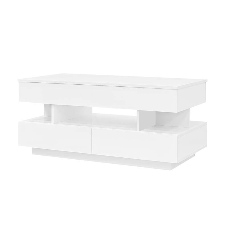 Lift-Top Coffee Table with 2 Drawers, Modern Center Table with Hidden Storage Compartment and LED Lights for Living Room