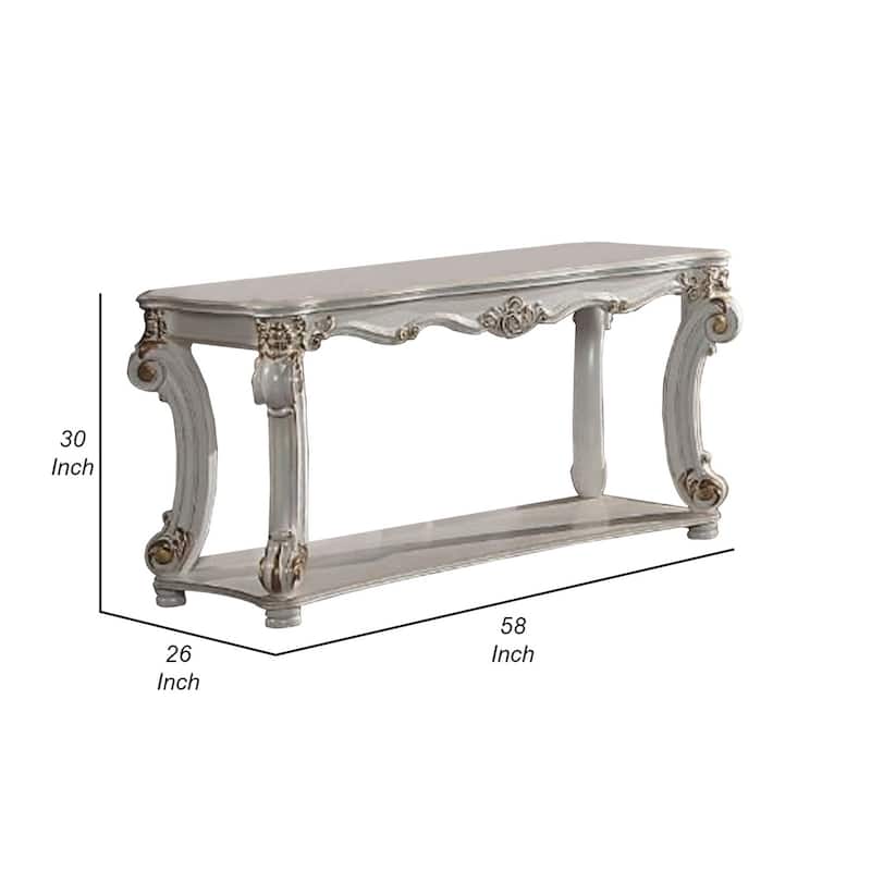 Jess 58 Inch Sofa Console Table, Classic Scrolled Legs, Brushed Gold, Shelf