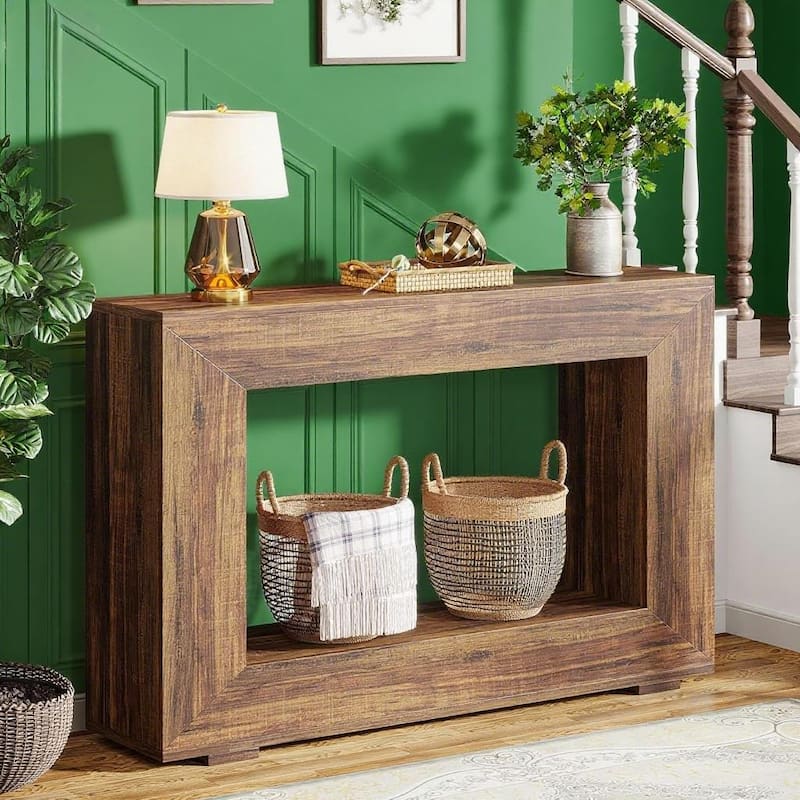 Brown Wood Grain Console Table with Particleboard and Rustic Farmhouse Style - 47.24” L x 11.81” W x 32.87” H