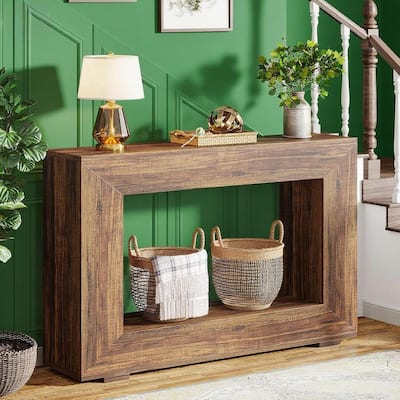 Brown Wood Grain Console Table with Particleboard and Rustic Farmhouse Style - 47.24” L x 11.81” W x 32.87” H