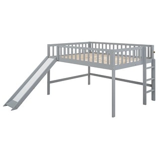 Low Loft Bed Full Size with Ladder and Slide, Solid Wood Full Loft Bed Frame with Full-Length Guardrail for Kids, Boys, Girls