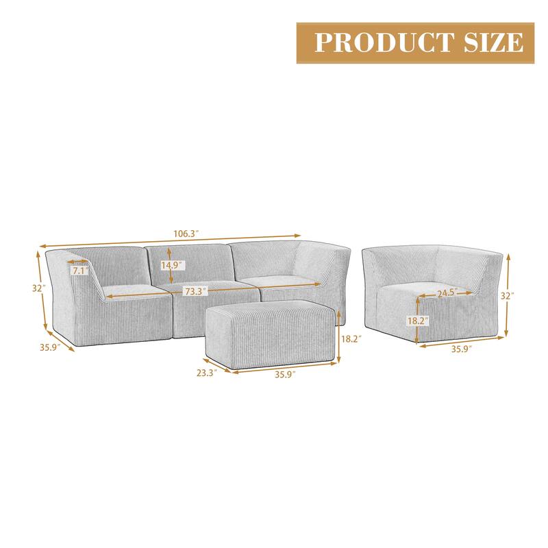 5-Pieces Modular Corduroy Sectional Sofa with Removable Ottoman