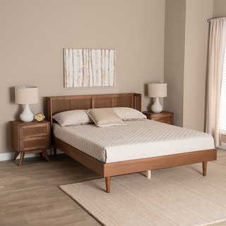 Rina Mid-Century Modern Ash Walnut Finished Wood 3-Piece/ 4-Piece Bedroom Set with Synthetic Rattan(Multiple Bed Sizes)