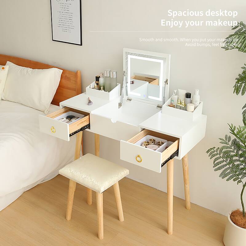 Vanity Desk Set with LED Lighted Mirror & Power Outlet,Flip Top Makeup Vanity Table with Drawers & Cabinet