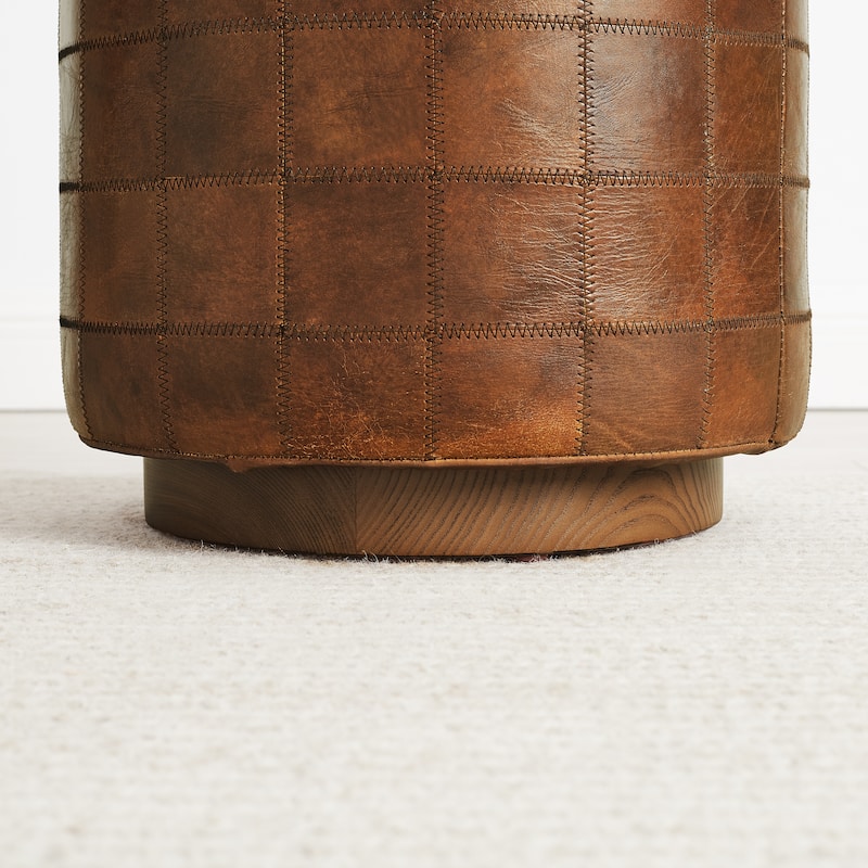 Art Leon Vintage Genuine Leather Ottoman Footstool with Checkered Stitching