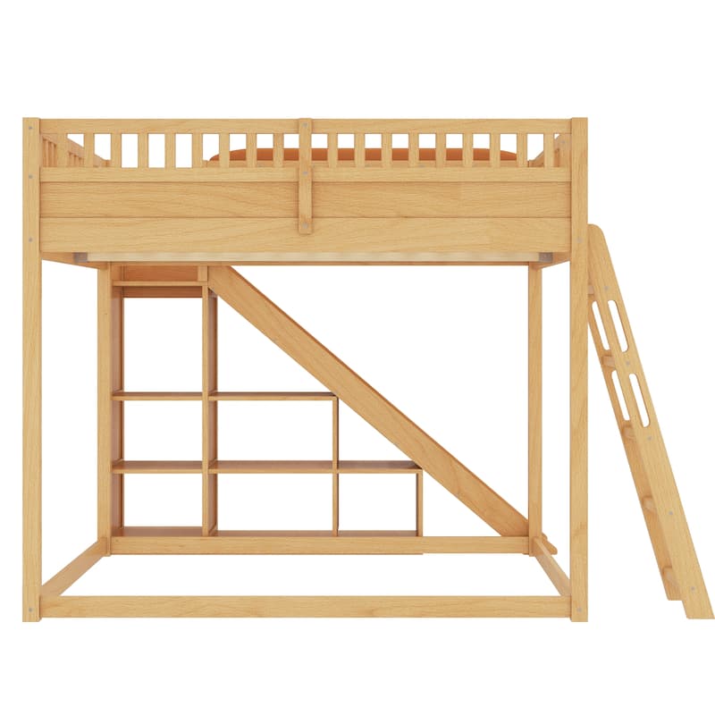 Queen/Full Loft Bed with Upholstered Headboard, Storage & Slide