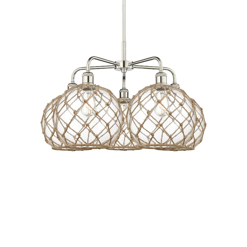 Innovations Lighting 516-5CR-18-29 Farmhouse Rope Chandelier Farmhouse - Polished Nickel / Clear Glass with Brown Rope