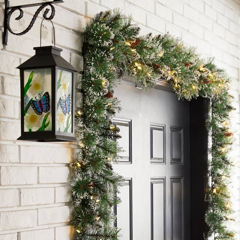 Glitzhome 9ft & 6ft Pre-Lit Frosted Greenery Pinecones Christmas Garland
