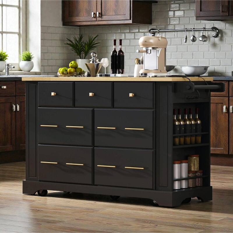Rolling Kitchen Island with 6 Drawers, Pull-Out Trash Can Storage, Drop Leaf, Power Outlet & Side Racks - Black