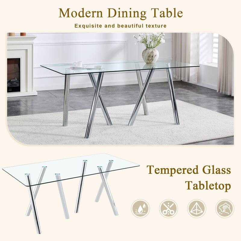 71-Inch Tempered Glass Dining Table with Sturdy Metal Legs