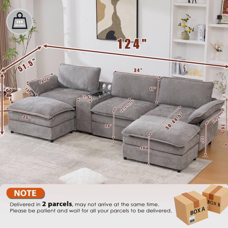 U Shaped Modular Sectional Sofa, Lounge Sofa with Storage Console & Wireless Charging, Sleeper Sofa with Movable Seat