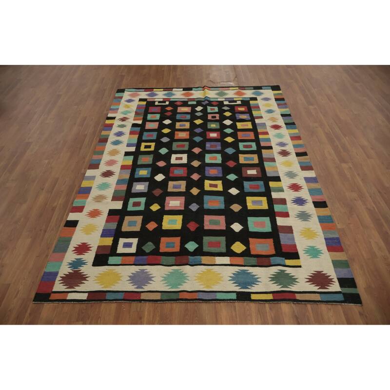 Hand Woven Oriental 100% Wool Carpet Southwestern Tribal Black Kilim Area Rug - 9' 0'' X 6' 2''