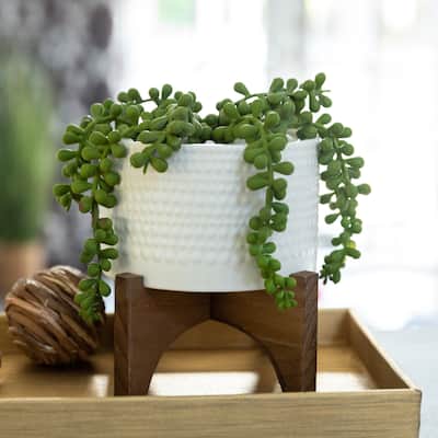 5" Hobnail Ceramic Planter on Wood Stand