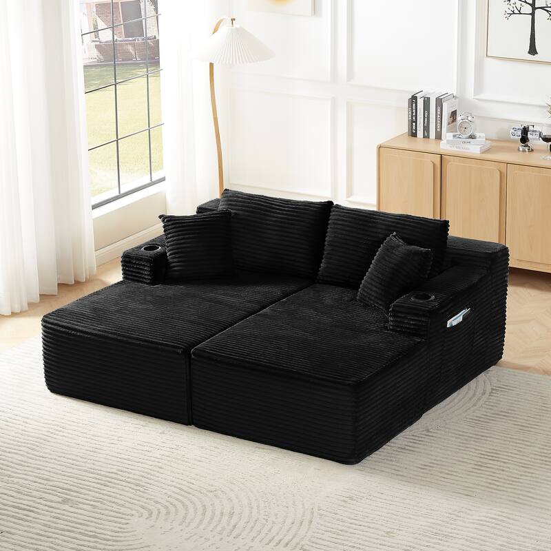 Minimalist Modular Lounge Couch U-shaped Sectional Sofa with Chaise, Corduroy Sleeper Sofa Bed with Side Pockets and Cup Holders