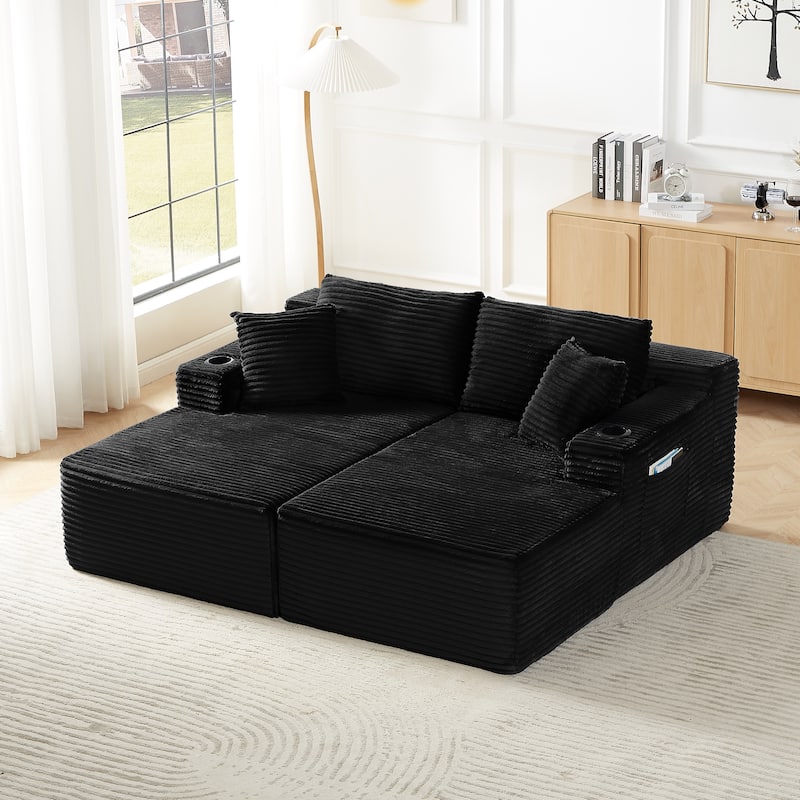U-Shaped Modular Sectional Sofa with Dual Chaise Lounges, Corduroy Cloud Couch with Cup Holders, Compressible Deep Seat Sofa