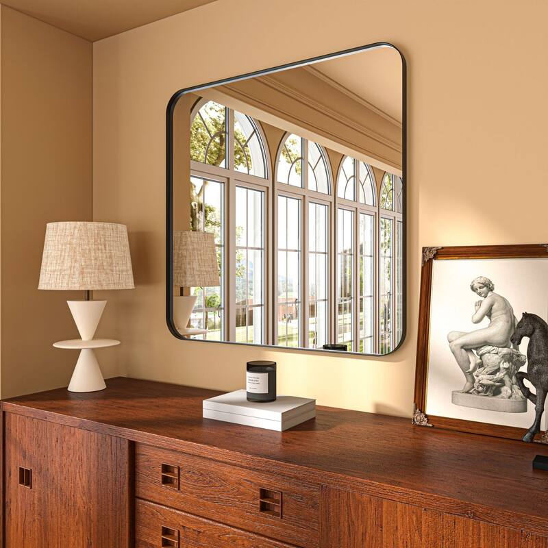 Organnice Rectangular Aluminum Framed Modern Rounded Wall Mount Mirror