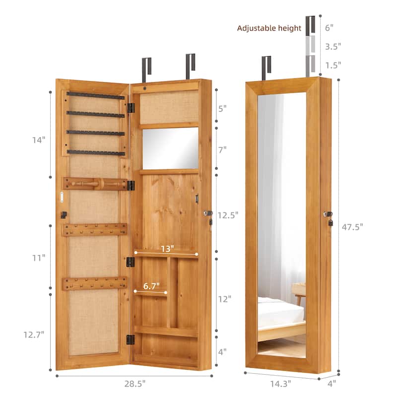 Solid Wood Jewelry Armoire Organizer Cabinet with Full-Length Mirror, 47.5x14.3 in Wall-Mounted Lockable with LED Light